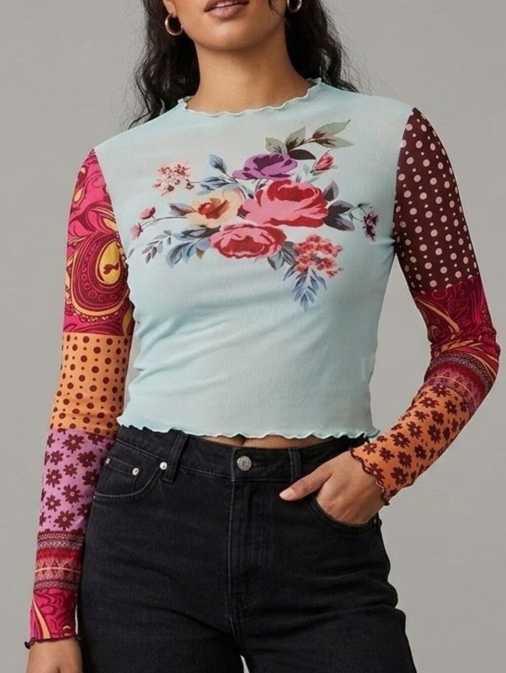 NWT Mint Floral Sheer Mesh Long Sleeve Top Patchwork Print Lettuce Hem MEDIUM